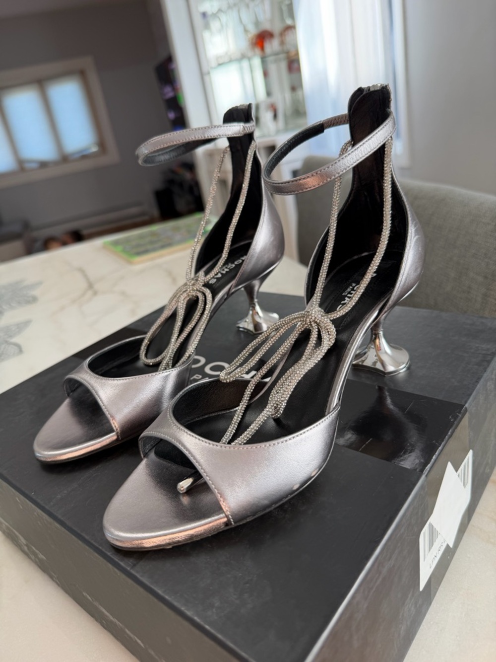 Rochas paris Silver Metallic Open-Toe Heels with Rhinestone Ties